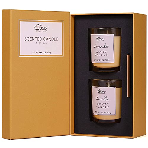 Body&Earth Love Vela Aromatica Vela Perfumada En Vaso 2 Piezas Vela de Soja Aromaterapia 100% Natural Lavanda/Vainilla Vela Decorativa de Relajación para Hogar/Baño Set de Regalo Mujer/Navidad/SPA