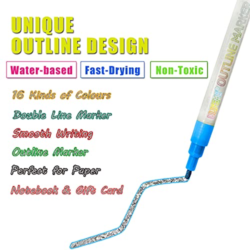 Bolígrafo Contorno, ULIFEME 16 Colores Bolígrafos de Contorno de Doble Línea para Tarjetas de Regalo, Saludos de Cumpleaños, Niños Pintando, Bricolaje, Manualidades y Dibujo de Fiest, Punta de 1-2 mm