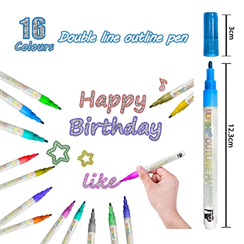 Bolígrafo Contorno, ULIFEME 16 Colores Bolígrafos de Contorno de Doble Línea para Tarjetas de Regalo, Saludos de Cumpleaños, Niños Pintando, Bricolaje, Manualidades y Dibujo de Fiest, Punta de 1-2 mm