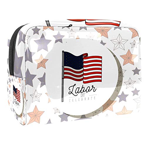 Bolsa de Maquillaje Bolsas de Aseo Organizador de cosméticos Bolsa con Cremallera para Mujeres Estrellas Marco Circular con Bandera Americana