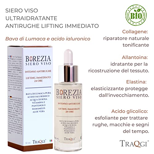 BOREZIA Suero Facial Ácido Hialurónico Puro 100% Baba de Caracol Vitamina C BIO Antiarrugas Antiedad Manchas Hidratantes Cicatrices Acné Espinillas Cuello y Escote, 100% Made in Italy.