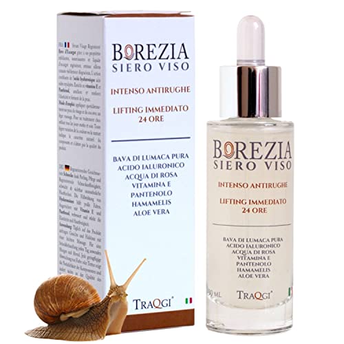 BOREZIA Suero Facial Ácido Hialurónico Puro 100% Baba de Caracol Vitamina C BIO Antiarrugas Antiedad Manchas Hidratantes Cicatrices Acné Espinillas Cuello y Escote, 100% Made in Italy.