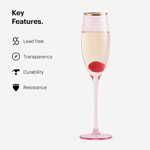 BTFY - Juego de 4 copas de champán rosas con borde de oro rosa, juego de 4 copas de champán rosas con caja de regalo, duradero