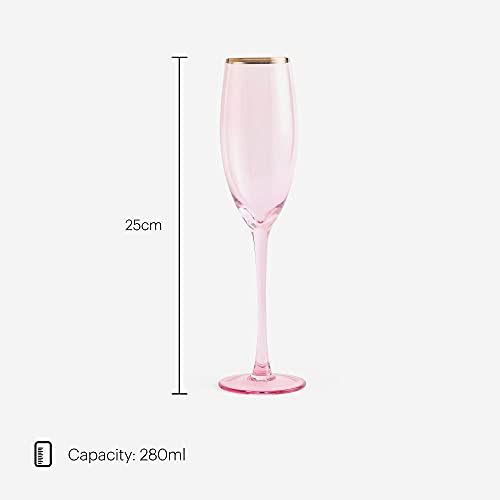BTFY - Juego de 4 copas de champán rosas con borde de oro rosa, juego de 4 copas de champán rosas con caja de regalo, duradero