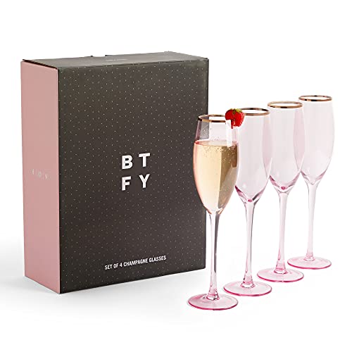 BTFY - Juego de 4 copas de champán rosas con borde de oro rosa, juego de 4 copas de champán rosas con caja de regalo, duradero