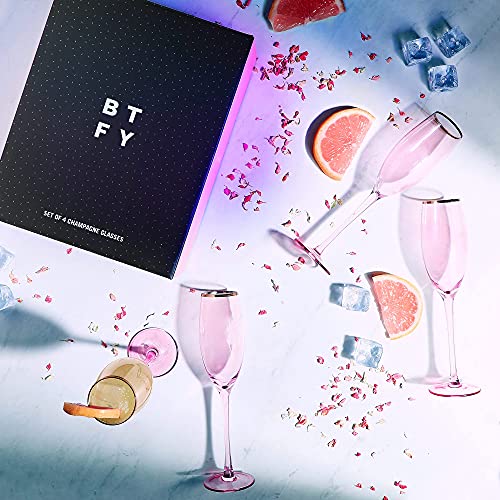 BTFY - Juego de 4 copas de champán rosas con borde de oro rosa, juego de 4 copas de champán rosas con caja de regalo, duradero