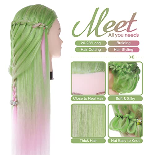 Cabeza Peluqueria, DEMOSI 26-28Inch Cabeza Maniqui 100% Pelo Sintético Ombre Suave Cabeza Maniqui Peluqueria para Practicar Peinados con Abrazadera+ Accesorios de Peinado DIY