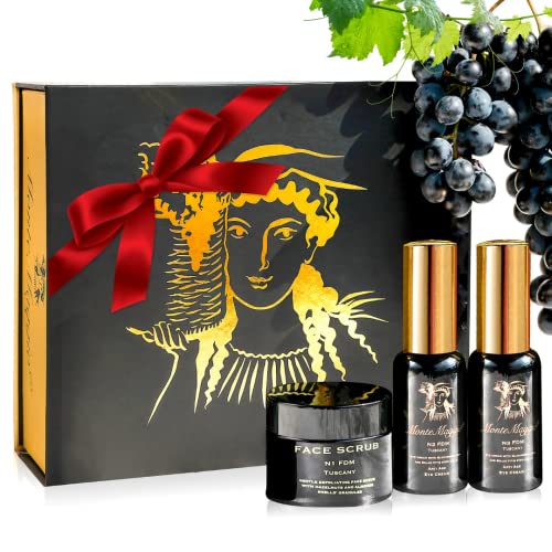 Caja de Regalo Antiedad Crema Hidratante e Iluminadora con Células Madre de Uva Roja (Solar Vitis) para Mujer: Crema Exfoliante Facial + Crema Para el Contorno de Los Ojos + Serum Facial Antiarrugas