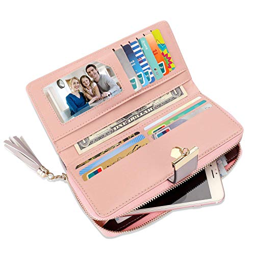 Cartera, de piel, para mujer, para 11 tarjetas, Gris Blanco Rosa, medium,