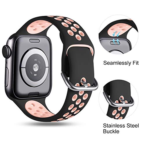 CeMiKa Correa Compatible con Apple Watch Correa 38mm 40mm 41mm 42mm 44mm 45mm, Silicona Deporte Correa con Compatible con iWatch Series 7 6 5 4 3 2 1 SE, 38mm/40mm/41mm-S/M, Negro/Rosa