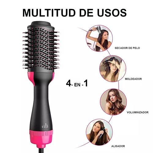 Cepillo Secador Alisador de Pelo Corto y Largo - Cepillo De Peinado Estilizador y Voluminizado de Aire Caliente con 3 Pinzas para Fijación y Colgante de Acero Inoxidable (Rosa)