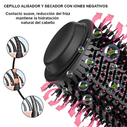 Cepillo Secador Alisador de Pelo Corto y Largo - Cepillo De Peinado Estilizador y Voluminizado de Aire Caliente con 3 Pinzas para Fijación y Colgante de Acero Inoxidable (Rosa)