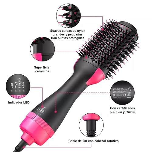 Cepillo Secador Alisador de Pelo Corto y Largo - Cepillo De Peinado Estilizador y Voluminizado de Aire Caliente con 3 Pinzas para Fijación y Colgante de Acero Inoxidable (Rosa)