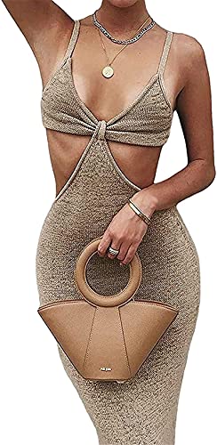 Chagoo Vacation Knitted Maxi Dress for Women Summer 2021, Vestido Ajustado sin Espalda con Escote Halter Sexy M Kakki