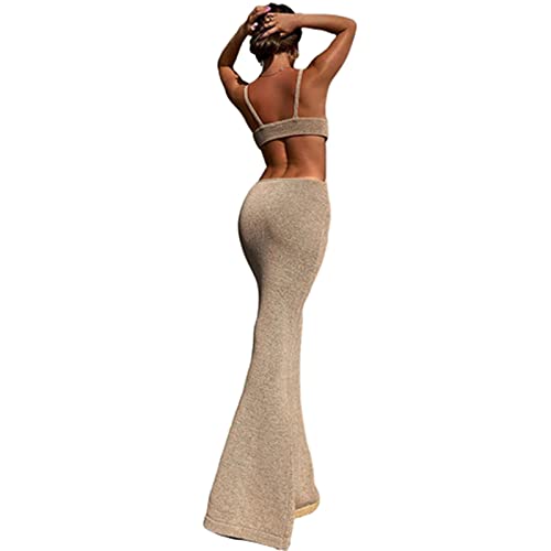 Chagoo Vacation Knitted Maxi Dress for Women Summer 2021, Vestido Ajustado sin Espalda con Escote Halter Sexy M Kakki
