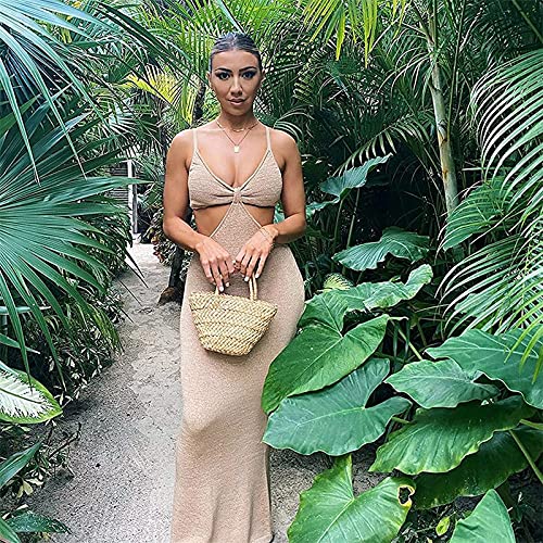 Chagoo Vacation Knitted Maxi Dress for Women Summer 2021, Vestido Ajustado sin Espalda con Escote Halter Sexy M Kakki