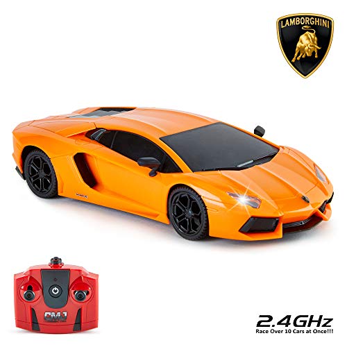 CMJ RC Cars Lamborghini Aventador Oficial de Control Remoto para Niños con Luces de Trabajo, Radio Controlado en Carretera RC Coche 1:24 Modelo, 2.4Ghz, (Naranja)
