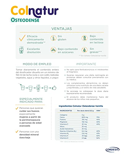 Colnatur Osteodense Vainilla - Colágeno con Magnesio, Ácido Hialurónico y Vitamina C para Huesos y Articulaciones, 255g