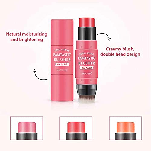 Colorete en barra hidratante de doble cabeza para mejillas Crema de colorete facial con pincel Contorno facial Colorete Bálsamo Hidratante de larga duración Impermeable Suave Rubor Maquillaje de mujer