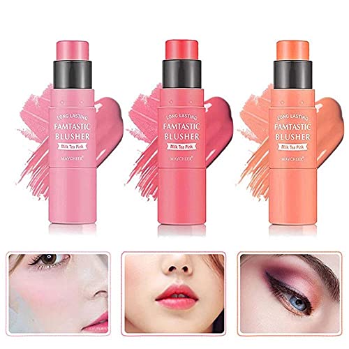 Colorete en barra hidratante de doble cabeza para mejillas Crema de colorete facial con pincel Contorno facial Colorete Bálsamo Hidratante de larga duración Impermeable Suave Rubor Maquillaje de mujer