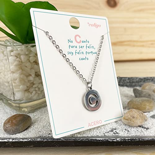 Cotigo - Collar Letra C acero inoxidable - Colgante letra inicial A-Z - Collar mujer – Cadena con dije letras - Regalo personalizado para mujer, niña, mejor amiga (C-Plateado)
