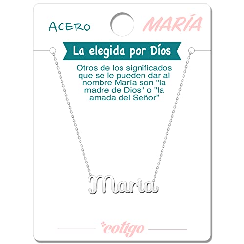 Cotigo Collar Nombre Acero-Incluye Tarjeta con Significado Hermoso -Colgante Nombre Plateado o Dorado-Regalos Personalizados para Mujer-Cumpleaño-Navidad-Día de madre-San valentín (María-Plateado)