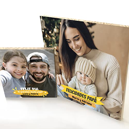 Cuadro cuadrado personalizado con foto para el dia del padre en madera natural | Regalo Original día del Padre | Varios diseños y medidas disponibles. (20x20 cm., Felicidades)