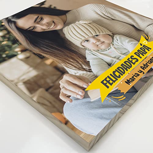 Cuadro cuadrado personalizado con foto para el dia del padre en madera natural | Regalo Original día del Padre | Varios diseños y medidas disponibles. (20x20 cm., Felicidades)