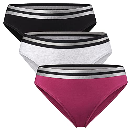 DANISH ENDURANCE Braguitas de Algodón orgánico, Pack de 3, Corte Bikini, Ropa Interior de Mujer Elástica y Cómoda, Certificado Oeko-Tex (Multicolor (1x Negro, 1x Gris, 1x Rosa Frambuesa), M)