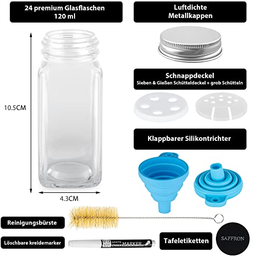 Deco Haus Juego 24 Tarros Especias con Tapa Rosca - Etiquetas, Embudo, Cepillo, Marcador - Va con Nuestros Estantes para Condimentos - Almacenamiento y Dispensador Vidrio Transparente 120ml 10.5x4.3cm