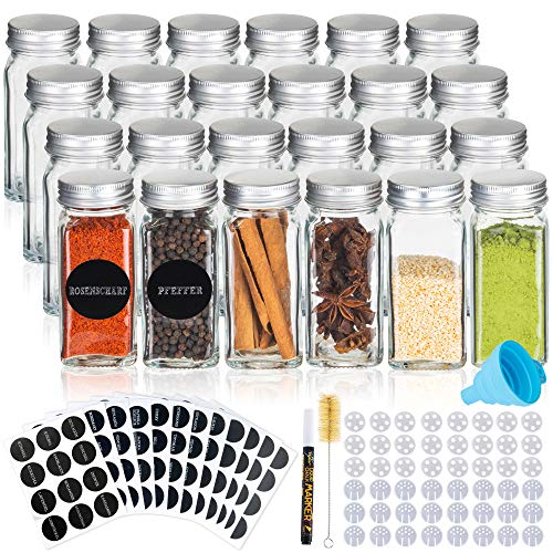 Deco Haus Juego 24 Tarros Especias con Tapa Rosca - Etiquetas, Embudo, Cepillo, Marcador - Va con Nuestros Estantes para Condimentos - Almacenamiento y Dispensador Vidrio Transparente 120ml 10.5x4.3cm