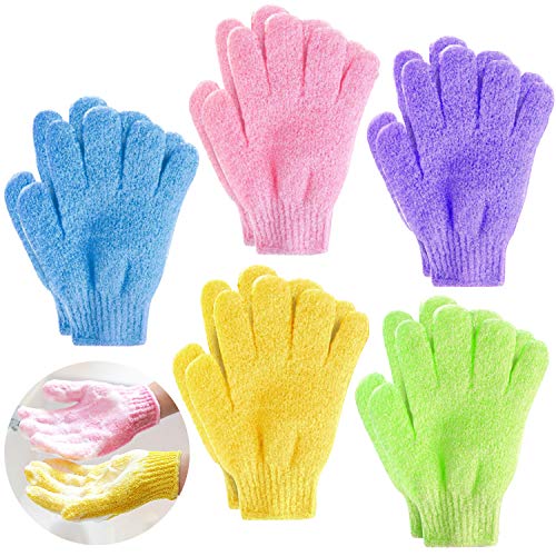 Demason 5 Pares Guantes Exfoliantes para Baño, Guantes Exfolantes Corporales, Guantes de Ducha, de Fibra Poliéster, con Buena Elastidad, Herramientas para Bañarse, Azul, Púrpura, Amarillo, Verde, Rosa