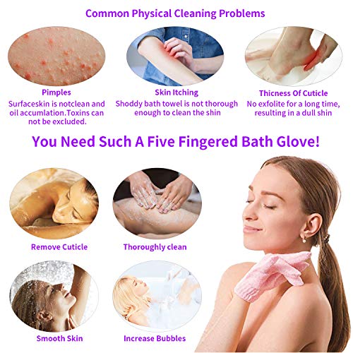 Demason 5 Pares Guantes Exfoliantes para Baño, Guantes Exfolantes Corporales, Guantes de Ducha, de Fibra Poliéster, con Buena Elastidad, Herramientas para Bañarse, Azul, Púrpura, Amarillo, Verde, Rosa
