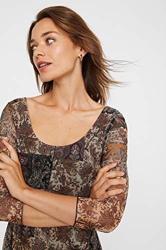 Desigual Vest_Kerala Vestido Casual de Tres Cuartos, marrón/Negro con Adornos, XL para Mujer