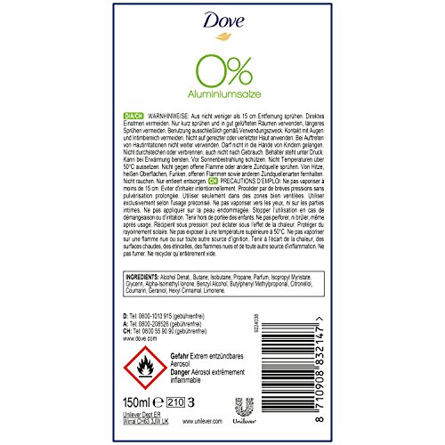 Desodorante Dove en spray de té verde y pepino, 0% de sales de aluminio, 6 unidades de 150 ml
