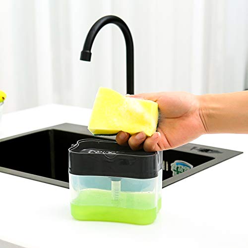 Dispensador de jabón y kit de esponja 3 en 1, organizador de fregadero con soporte de esponja, dispensador de jabón tipo bomba, dispensador de detergente, soporte para utensilios de cocina