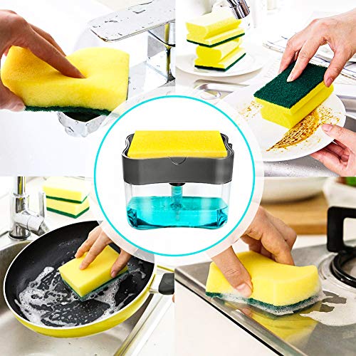 Dispensador de jabón y kit de esponja 3 en 1, organizador de fregadero con soporte de esponja, dispensador de jabón tipo bomba, dispensador de detergente, soporte para utensilios de cocina