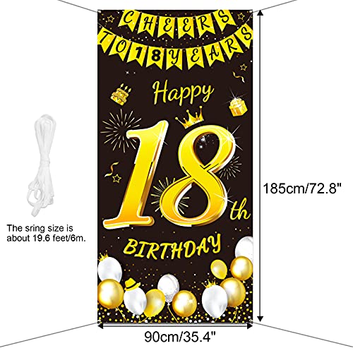DPKOW Oro Negro 18 Años Cumpleaños Decoración para Chico Chica, Oro Negro Pancarta para 18 Cumpleaños Puerta Fondo Decoración, para 18 Años Cumpleaños Mesa Jardín Decoración, 185 x 90cm