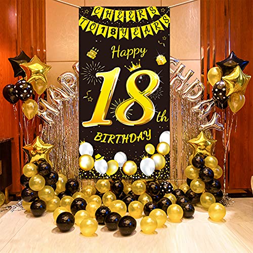 DPKOW Oro Negro 18 Años Cumpleaños Decoración para Chico Chica, Oro Negro Pancarta para 18 Cumpleaños Puerta Fondo Decoración, para 18 Años Cumpleaños Mesa Jardín Decoración, 185 x 90cm