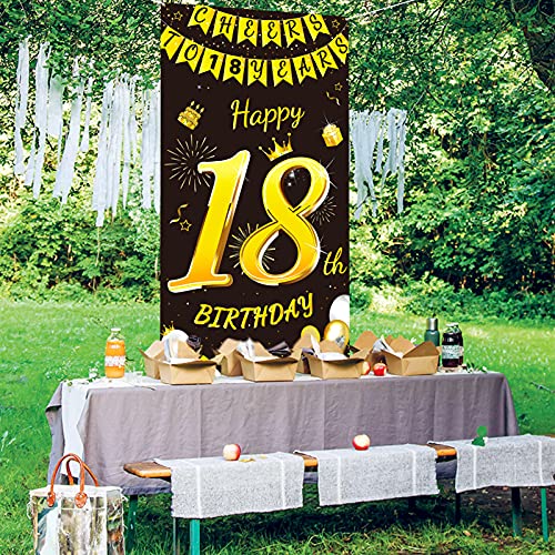 DPKOW Oro Negro 18 Años Cumpleaños Decoración para Chico Chica, Oro Negro Pancarta para 18 Cumpleaños Puerta Fondo Decoración, para 18 Años Cumpleaños Mesa Jardín Decoración, 185 x 90cm