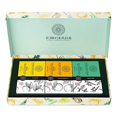 Écrin De Fleur – Set de Pastillas Refrescantes – Limón, Menta y Mandarina - Jabones Naturales, Artesanales, Veganos y Certificados Orgánicos - sin Aceite de Palma, Sulfatos ni Parabenos - 3 x 100g