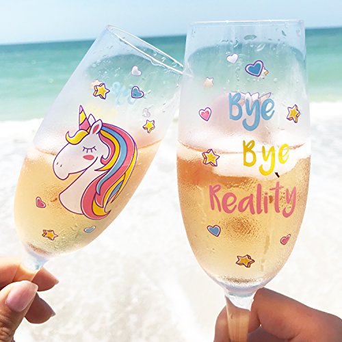 EinhornLiebe® Juego de copas de champán de unicornio de cristal Bye Bye Reality para champán o champán, 2 unidades en caja de regalo