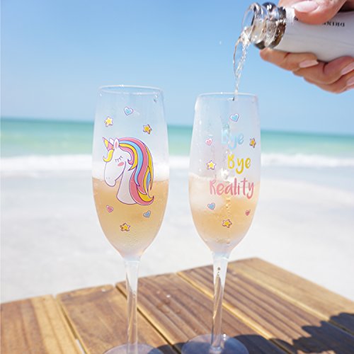 EinhornLiebe® Juego de copas de champán de unicornio de cristal Bye Bye Reality para champán o champán, 2 unidades en caja de regalo