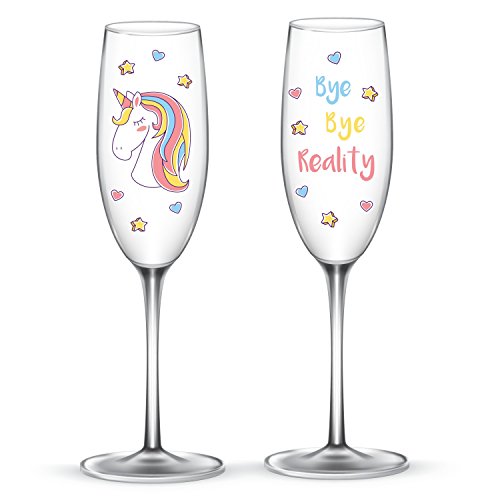 EinhornLiebe® Juego de copas de champán de unicornio de cristal Bye Bye Reality para champán o champán, 2 unidades en caja de regalo