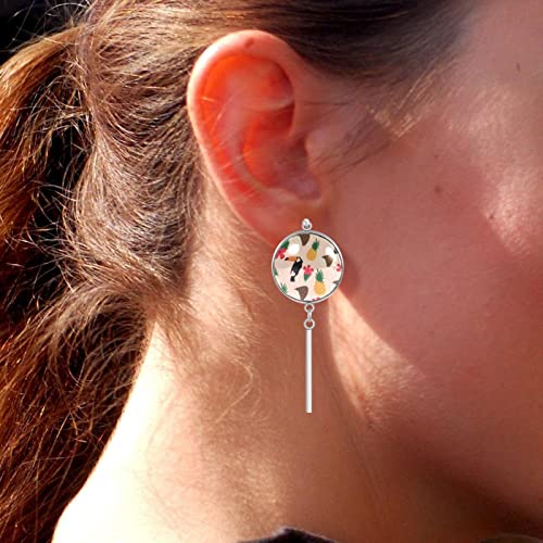 El acero inoxidable cuelga el patrón fresco tropical de los pendientes de gota del gancho con el pájaro y la fruta