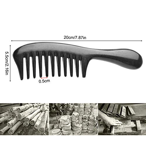 Eqlef Peine de madera, peine de dientes anchos Peine de pelo rizado Peine de ébano negro, manija redonda y suave