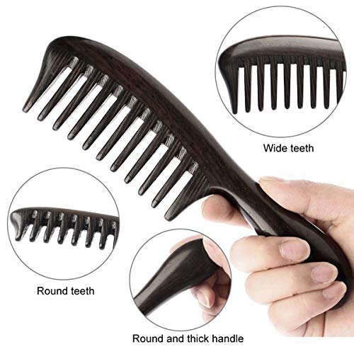 Eqlef Peine de madera, peine de dientes anchos Peine de pelo rizado Peine de ébano negro, manija redonda y suave