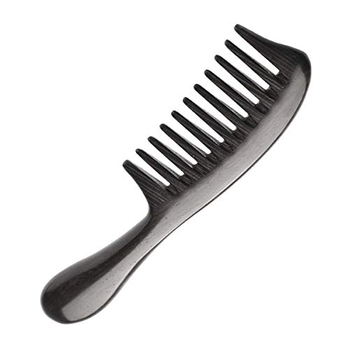 Eqlef Peine de madera, peine de dientes anchos Peine de pelo rizado Peine de ébano negro, manija redonda y suave