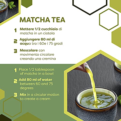 ERBOTECH Te Matcha / Polvo de té verde japonés 100 g, Multivitamínico 100% natural, Vegan, Made in Italy. Ideal para pasteles, batidos, thé helado