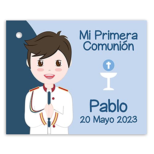 Etiquetas Primera Comunión niño con traje de almirante con detalles en color rojo. Pack 25 udes.